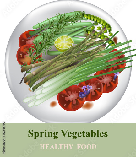 Healthy plate with spring vegetables. Green peas, asparagus. Vector realistics