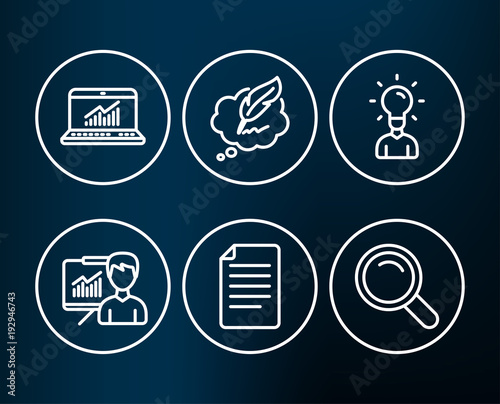 Set of Presentation, Education and Ð¡opyright chat icons. File, Online statistics and Search signs. Education board, Human idea, Speech bubble. Paper page, Computer data, Magnifying glass. Vector photo