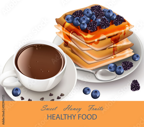 Cup of coffee and Waffles healthy breakfast Vector