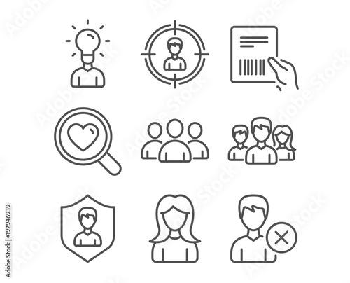 Set of Woman, Search love and Headhunting icons. Parcel invoice, Group and Education signs. Teamwork, Security agency and Remove account symbols. Girl profile, Dating service, Person in target