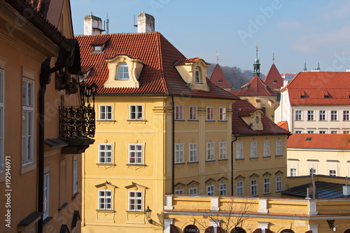 View of architecture of Lesser Town from Charles Bridge in Prague 