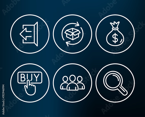 Set of Money bag, Buying and Return parcel icons. Sign out, Group and Research signs. Usd currency, E-commerce shopping, Exchange of goods. Logout, Group of users, Magnifying glass.  Editable stroke