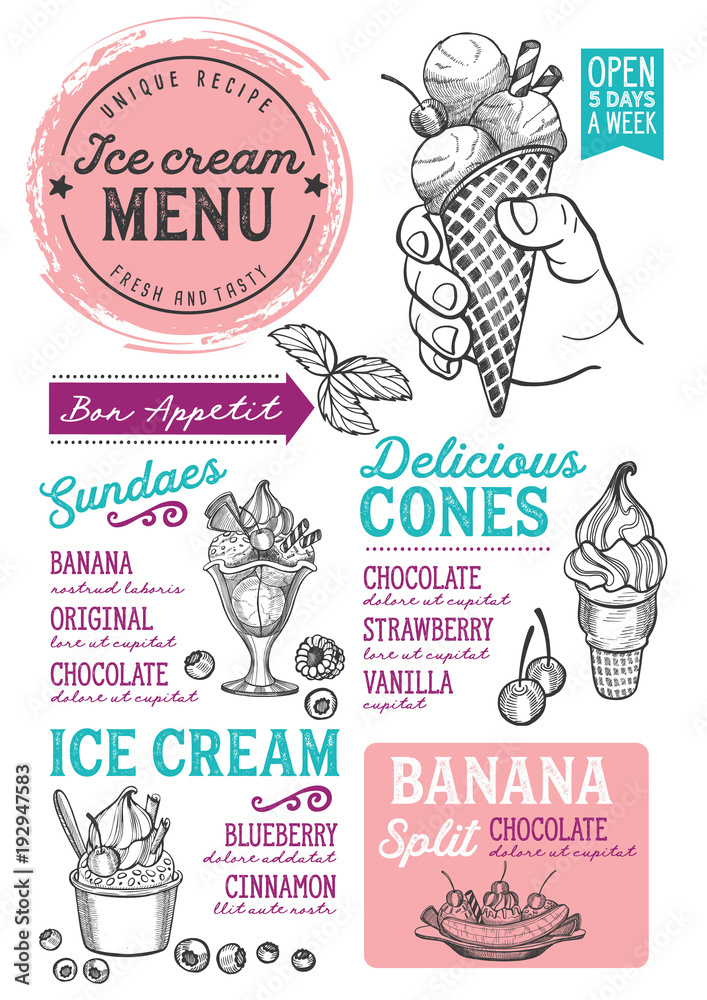 Obraz premium Ice cream restaurant menu. Vector dessert food flyer for bar and cafe. Design template with vintage hand-drawn illustrations.