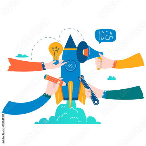 Business project startup process, startup idea launching, project management, startup launch flat business vector illustration design