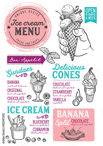 Ice cream restaurant menu. Vector dessert food flyer for bar and cafe. Design template with vintage hand-drawn illustrations.