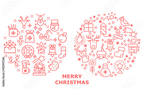 Vector concept with different Christmas and new year celebration elements. Christmas line icon set arrange in circle. Vector illustration for postcards, calendars, posters, prints, banners.