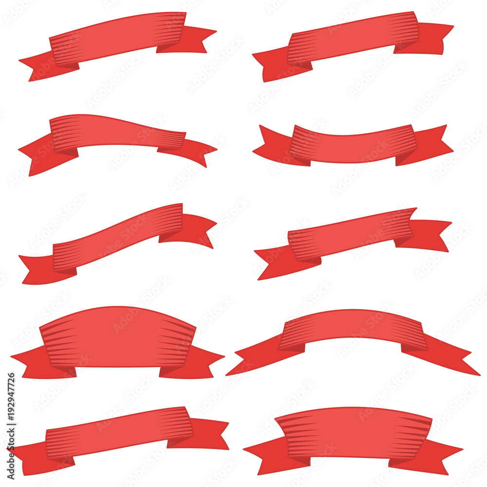 Set of ten red ribbons and banners for web design. Great design element isolated on white background. Vector illustration.
