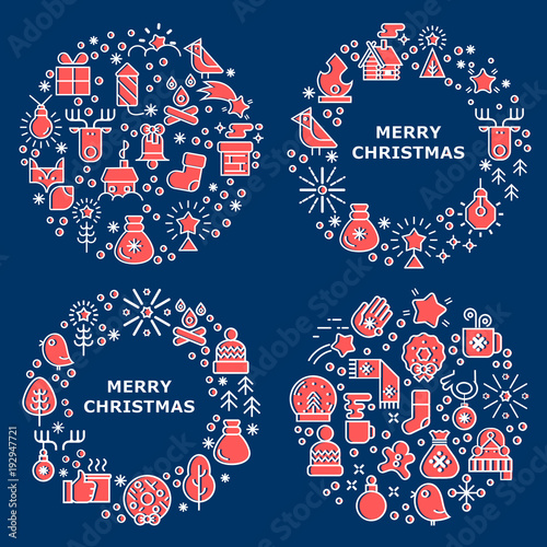 Vector concept with different Christmas and new year celebration elements. Christmas line icon set arrange in circle frame. Vector illustration for postcards, calendars, posters, prints, banners.