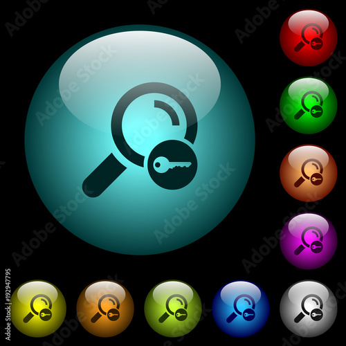 Secure search icons in color illuminated glass buttons
