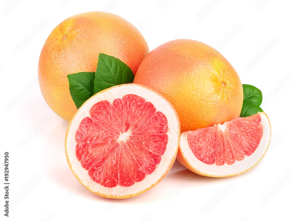 grapefruit and slices with leaves isolated on white background grapefruit and slices with leaves isolated on white background