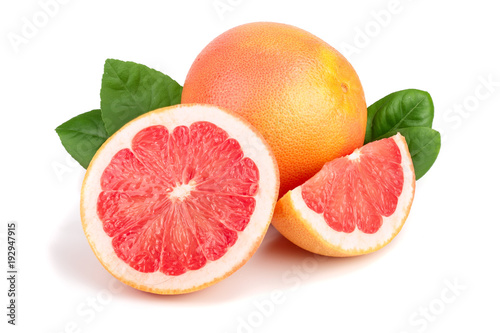 grapefruit and slice with leaves isolated on white background