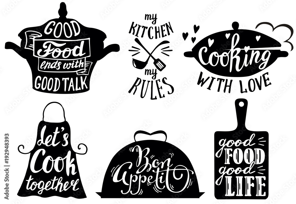 Fototapeta Cuisine short phrases and quotes, vector hand drawn illustration