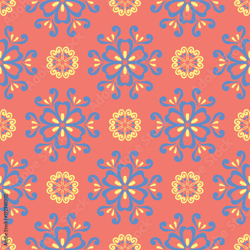 Floral red seamless pattern. Bright colored background with yellow and blue flower elements