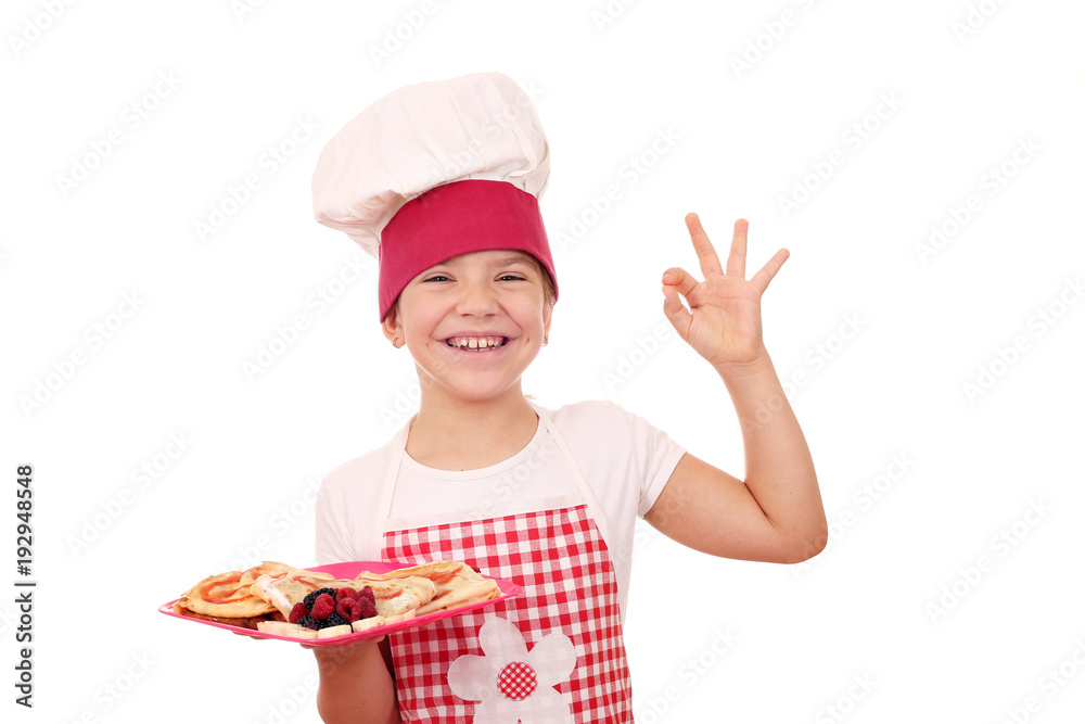 happy little girl cook with ok hand sign and sweet crepes happy little girl cook with ok hand sign and sweet crepes