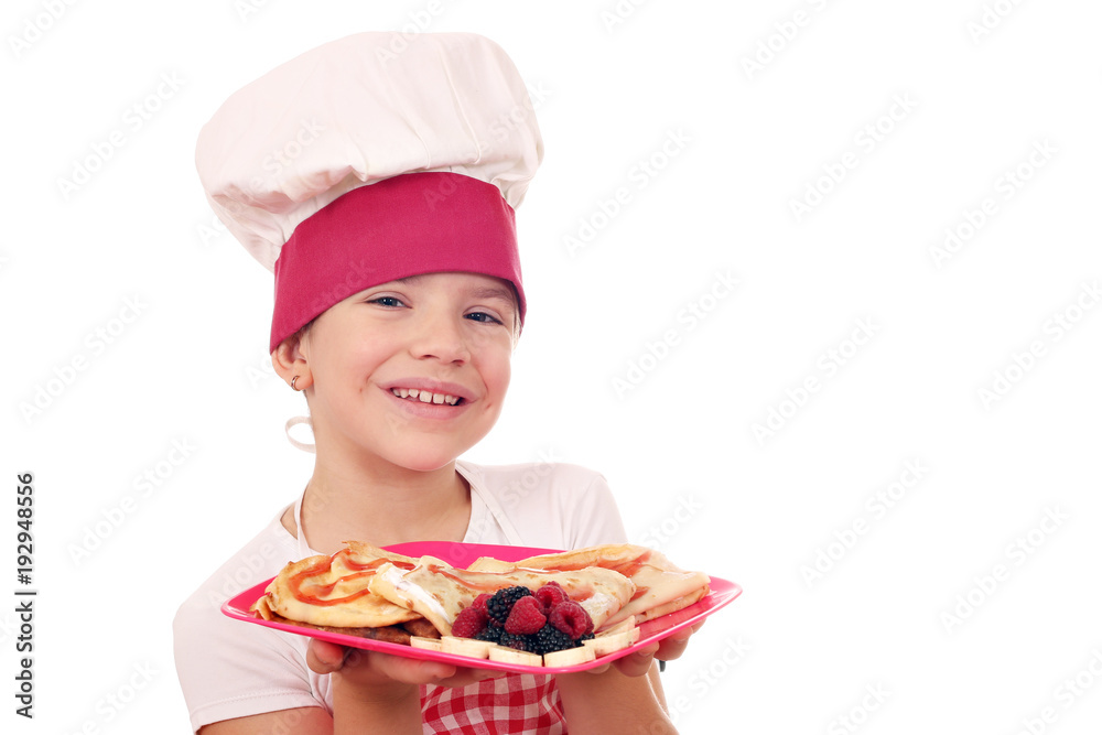 happy little girl cook with sweet crepes happy little girl cook with sweet crepes