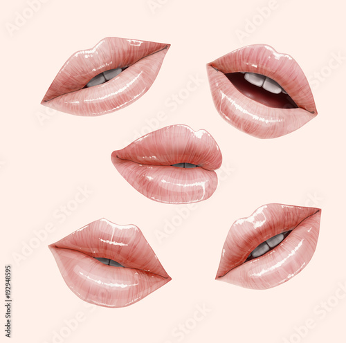 Nude sensual juicy lips collection. Mouth set. Vector lipstick or lip gloss 3d realistic illustration. Gentle pink dusty rose colors