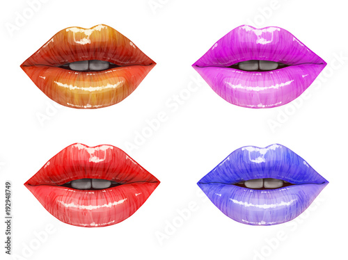 Colorful lips collection. Mouth set isolared on white background. Vector lipstick or lip gloss 3d realistic illustration.