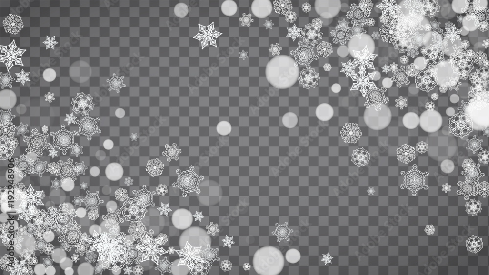 Isolated snowflakes on transparent grey background. Winter sales, Christmas and New Year design for party invitation, banner, sale. Horizontal winter window. Magic isolated snowflakes. Silver flakes Isolated snowflakes on transparent grey background. Winter sales, Christmas and New Year design for party invitation, banner, sale. Horizontal winter window. Magic isolated snowflakes. Silver flakes