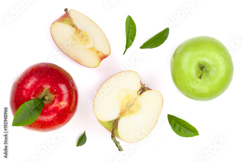 red and green apples with slices and leaves isolated on white background top view. Set or collection. Flat lay pattern