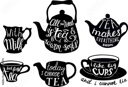 Vector cute tea quotes and sayings typography set