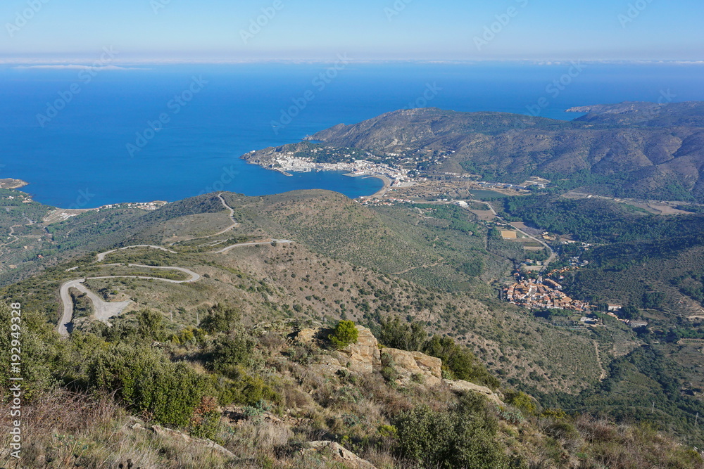 Spain Costa Brava landscape from the heights, the village La Selva de Mar and the seaside town El Port de la Selva, Catalonia, Alt Emporda, Girona, Mediterranean sea