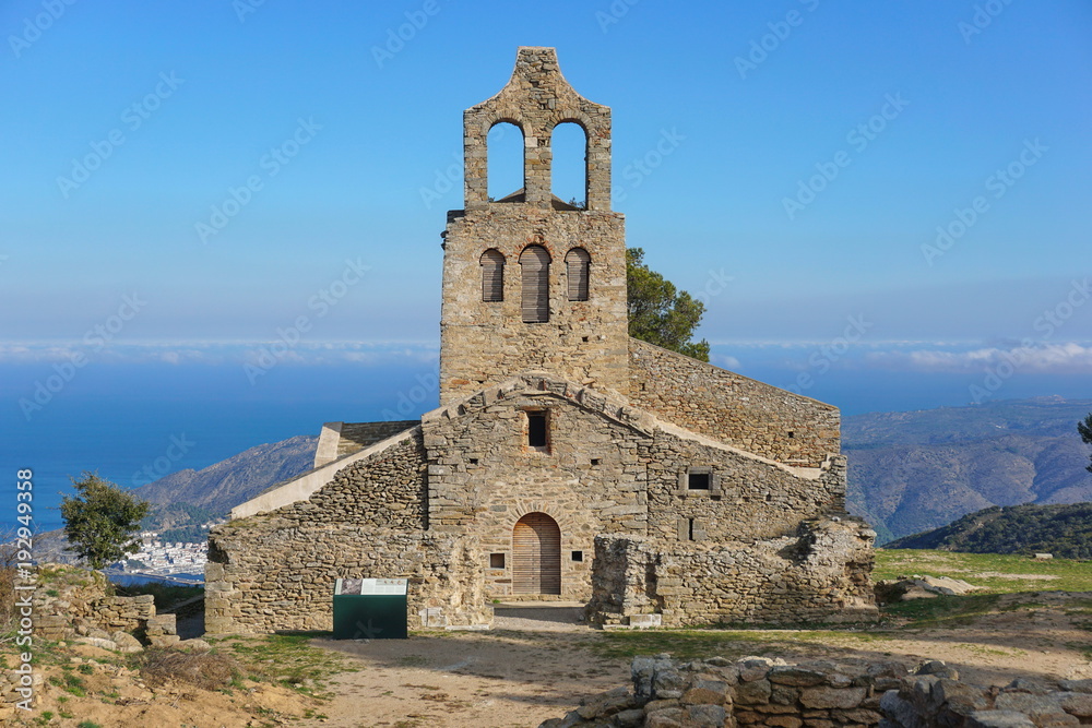 Spain the church Santa Helena, overhanging the Mediterranean sea, Verdera mountain, Alt Emporda, El Port de la Selva, Catalonia, Costa Brava