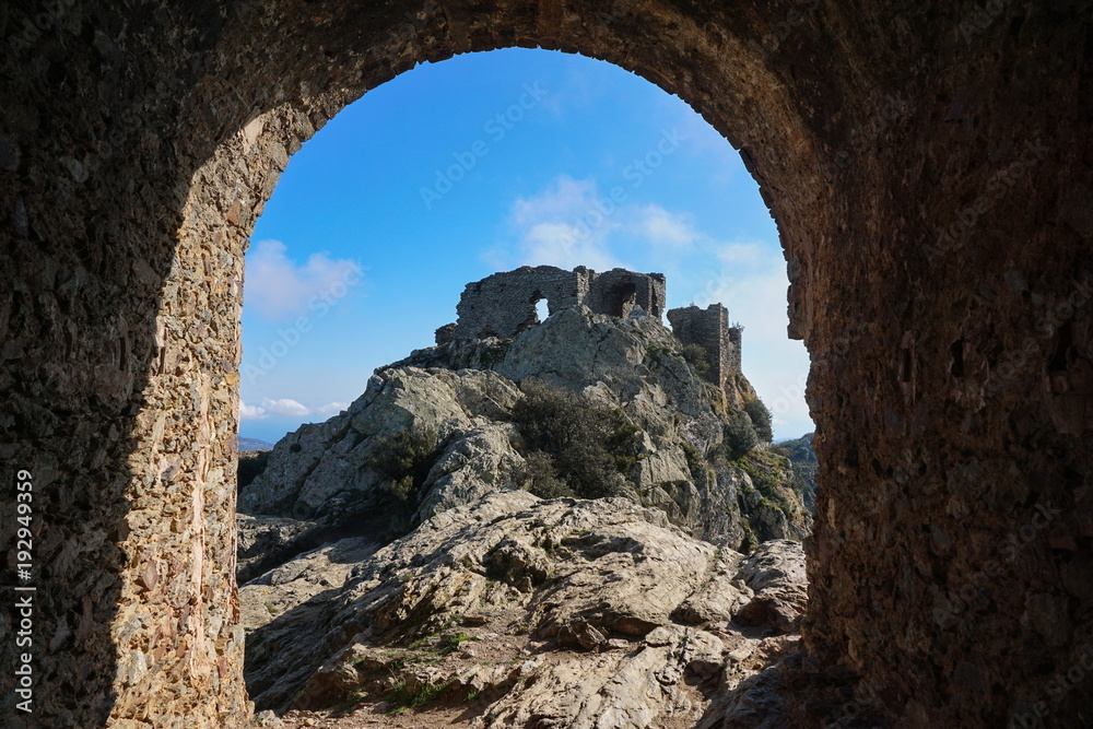 The ruins of the castle de Verdera located at the top of Sant Salvador Saverdera mountain, Spain, Catalonia, Alt Emporda, Girona