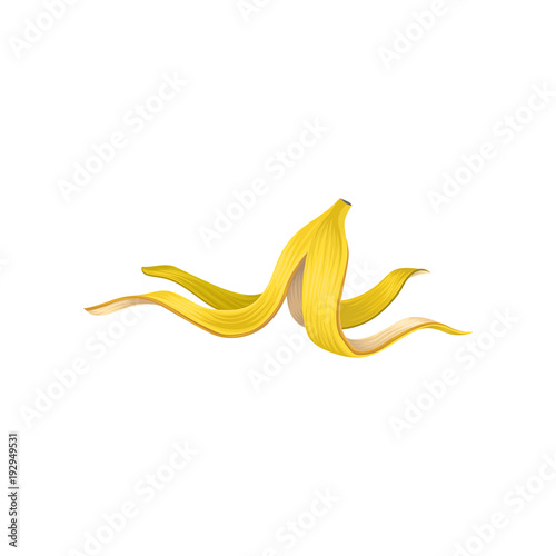 Yellow peel of banana. Organic garbage. Colored icon of domestic litter. Graphic design element for waste recycling infographic. Detailed flat vector illustration