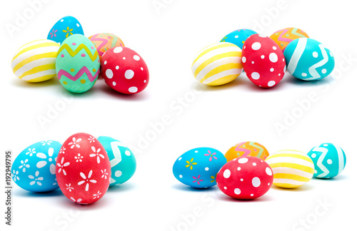 Collection of photos perfect colorful handmade easter eggs isolated