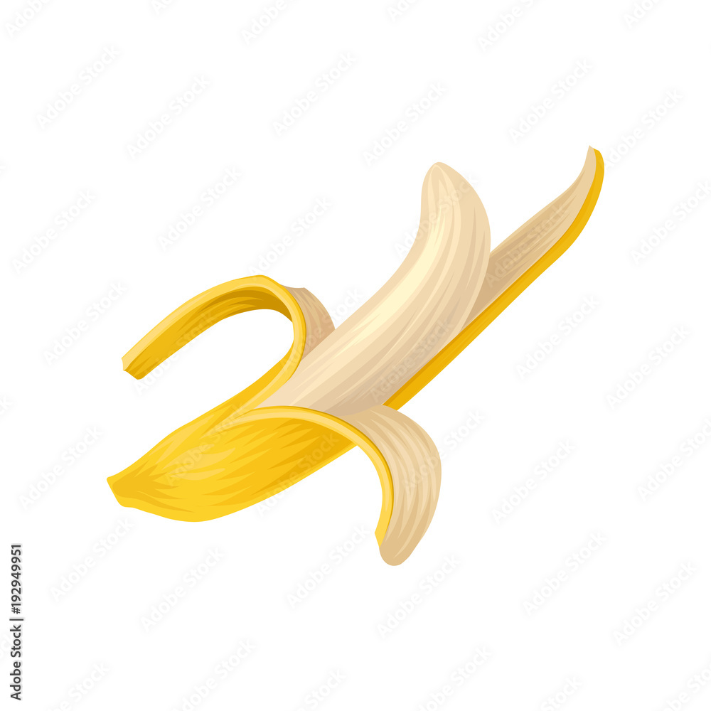 Cartoon illustration of ripe half peeled banana. Organic nutrition. Tropical fruit in yellow peel. Healthy and delicious product. Detailed flat vector icon Cartoon illustration of ripe half peeled banana. Organic nutrition. Tropical fruit in yellow peel. Healthy and delicious product. Detailed flat vector icon