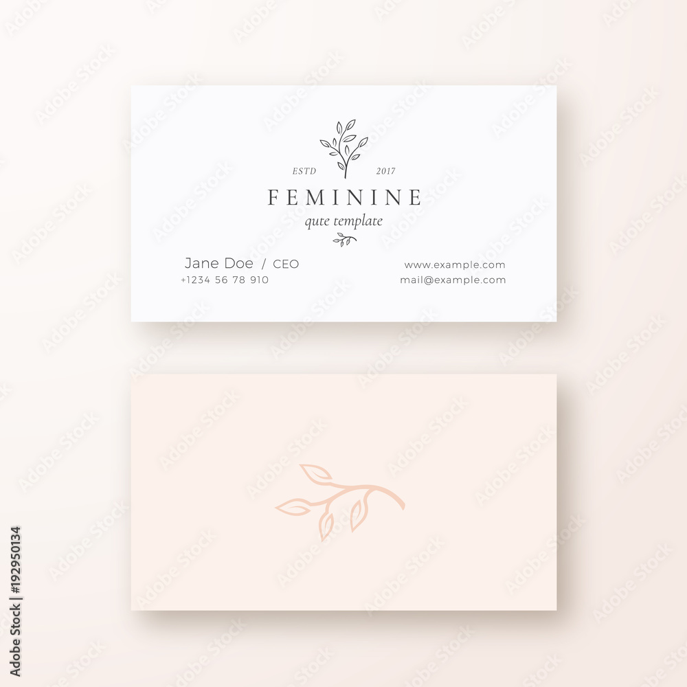 Abstract Feminine Leaf Branch Vector Sign or Logo and Business Card Template. Premium Stationary Realistic Mock Up. Modern Typography and Soft Shadows. Gentle Pastel Colors.