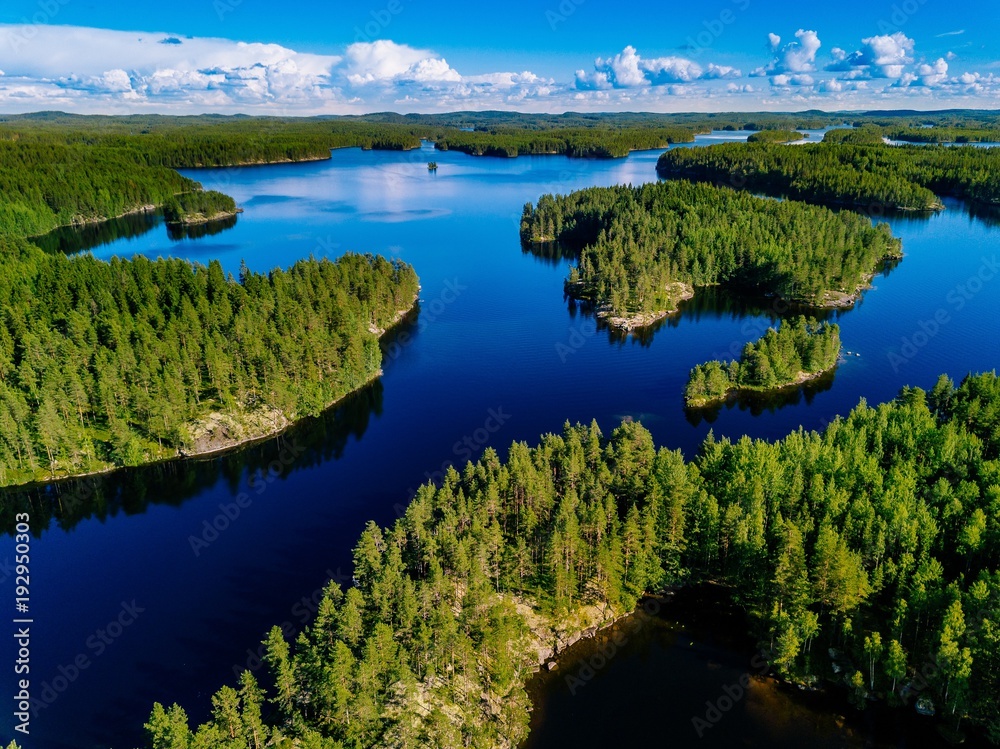 Fototapeta premium Aerial view of blue lakes and green forests on a sunny summer day in Finland.