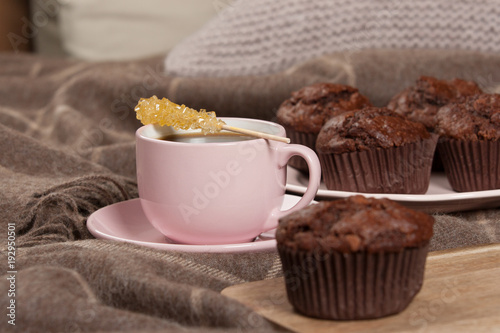 Morning Coffee. Rock Cane Sugar Stick. Home Baked Chocolate Muffins.