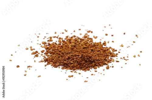 instant coffee grains isolated on white background and texture