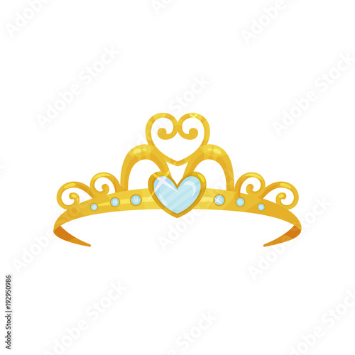 Golden princess tiara. Beautiful queen crown decorated with six blue small gemstones and one big heart-shaped gem. Precious head accessory. Flat vector design