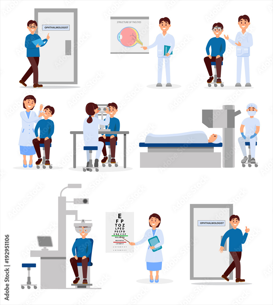 Set with medical workers of ophthalmic hospital and patients in different situations. Professionals at work. Healthcare and treatment concept. Flat vector illustration Set with medical workers of ophthalmic hospital and patients in different situations. Professionals at work. Healthcare and treatment concept. Flat vector illustration