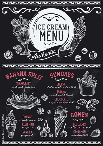 Ice cream restaurant menu. Vector dessert food flyer for bar and cafe. Design template with vintage hand-drawn illustrations.