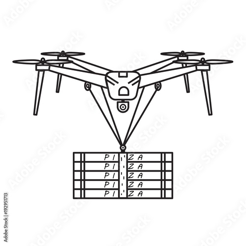 Vector image in line art style of the concept delivery with drones. Drone deliver packages with pizza.