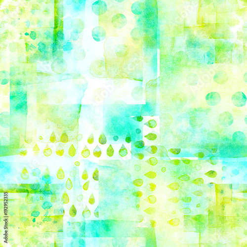 An abstract patchwork seamless watercolor pattern in teal green photo