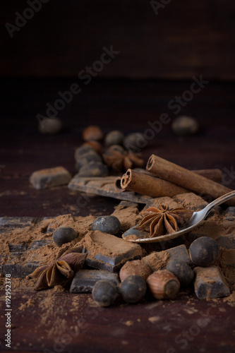 Chocolate, Spices, Spoon with Cocoa, Hazelnut on Dark Wooden Background. Copy space
