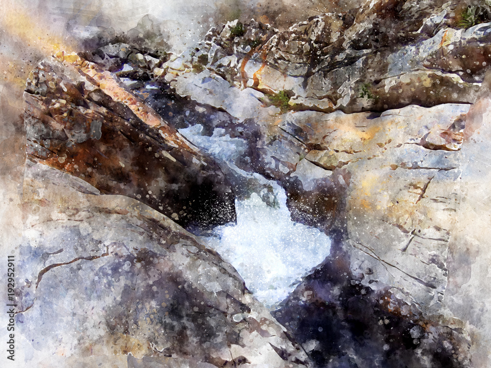 Watercolor painting of rocks and flowing water