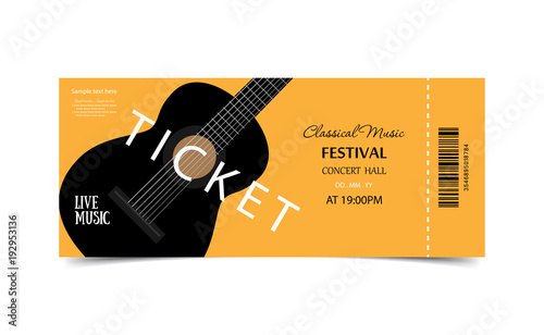 Ticket on festival Live Music. Orange Ticket with shadow