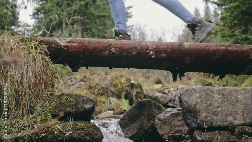 Group of hikers crossing a stream walking over a log of wood in a close up view of their moving feet. Group of hikers crossing a stream walking over a log of wood in a close up view of their moving feet.