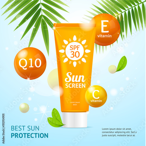 Realistic 3d Detailed Sunscreen Sun Protection Card. Vector