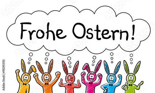 Lustige bunte Hasen wünschen “Frohe Ostern!” / Vektor-Zeichnung, Brustbild