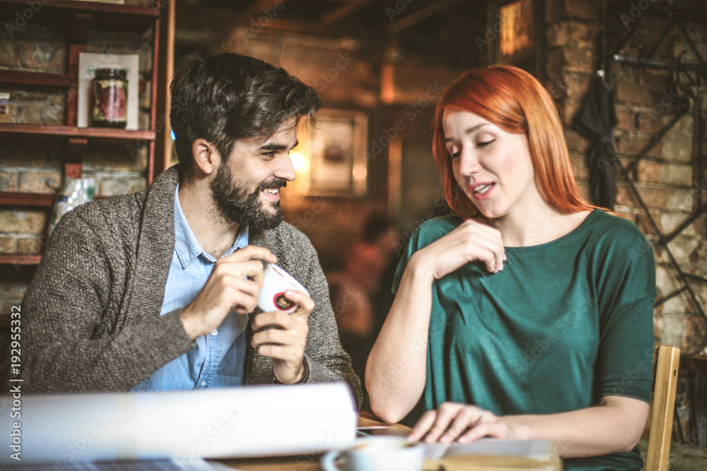 Time to coffee break. Young student couple. Time to coffee break. Young student couple.