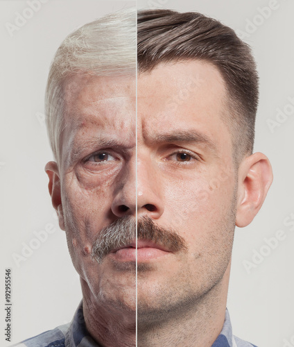 Collage of two portraits of the same old man and young man. Face lifting, aging and skincare concept. Conparison