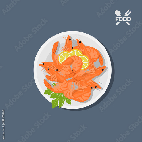 Icon of shrimps with lemon on a plate. Top view. Restaurant dish. Seafood. Image of prawn. Vector illustration