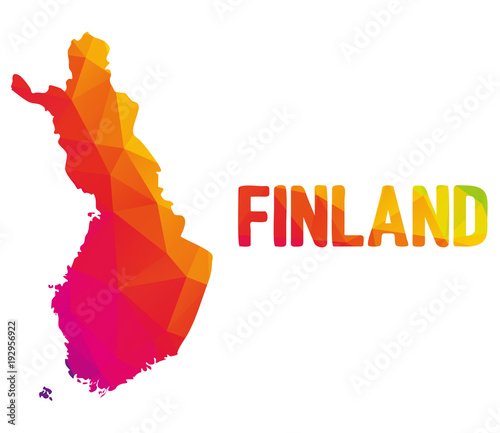 Fotografie Low polygonal map of Republic of Finland with sign Finland, both in warm colors