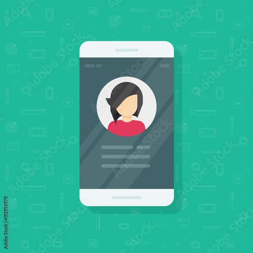Personal info data on mobile phone vector illustration, flat cartoon user contacts or profile card details on smartphone, cellphone my account pictogram idea, identity person photo and text clipart